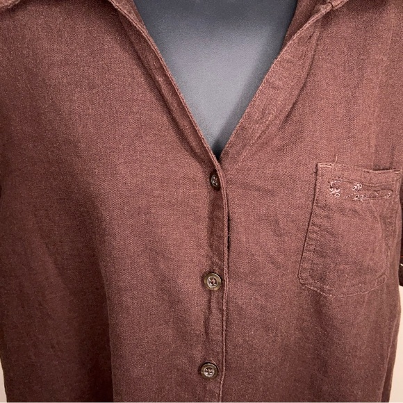 Vintage Large Classic Elements Brown Linen Blend Short Sleeve Button Up Top - Picture 8 of 13